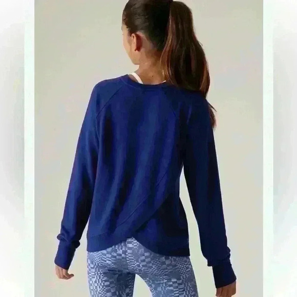 Athleta Girl Cross Your Fingers Sweatshirt Royal blue Pullover Crewneck Large 12 - Picture 3 of 8